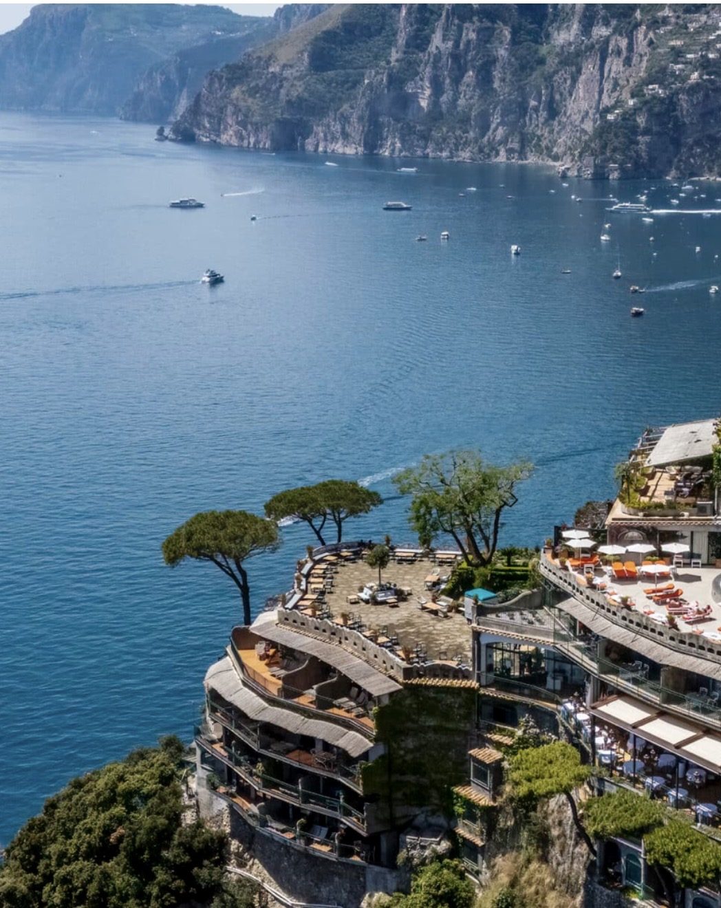 Aerial view of a cliffside hotel on the Amalfi Coast