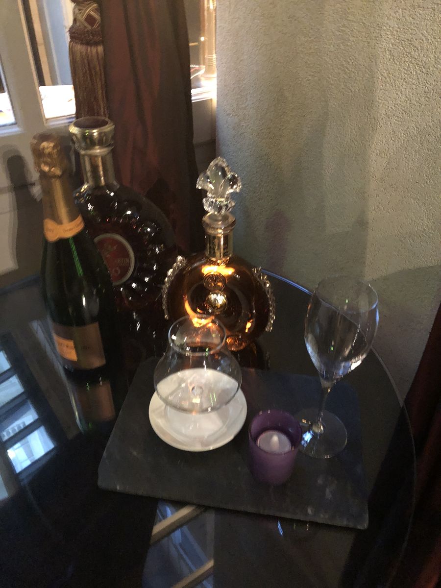 Champagne and cognac set out for an evening toast
