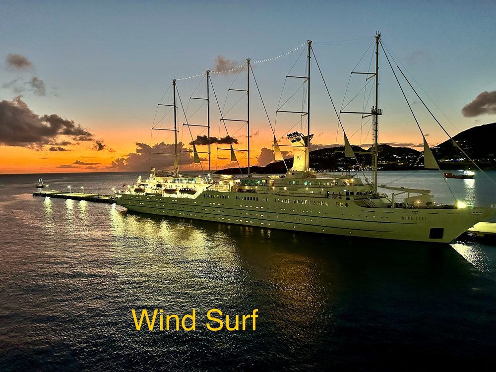 The Wind Surf sailing ship at dusk